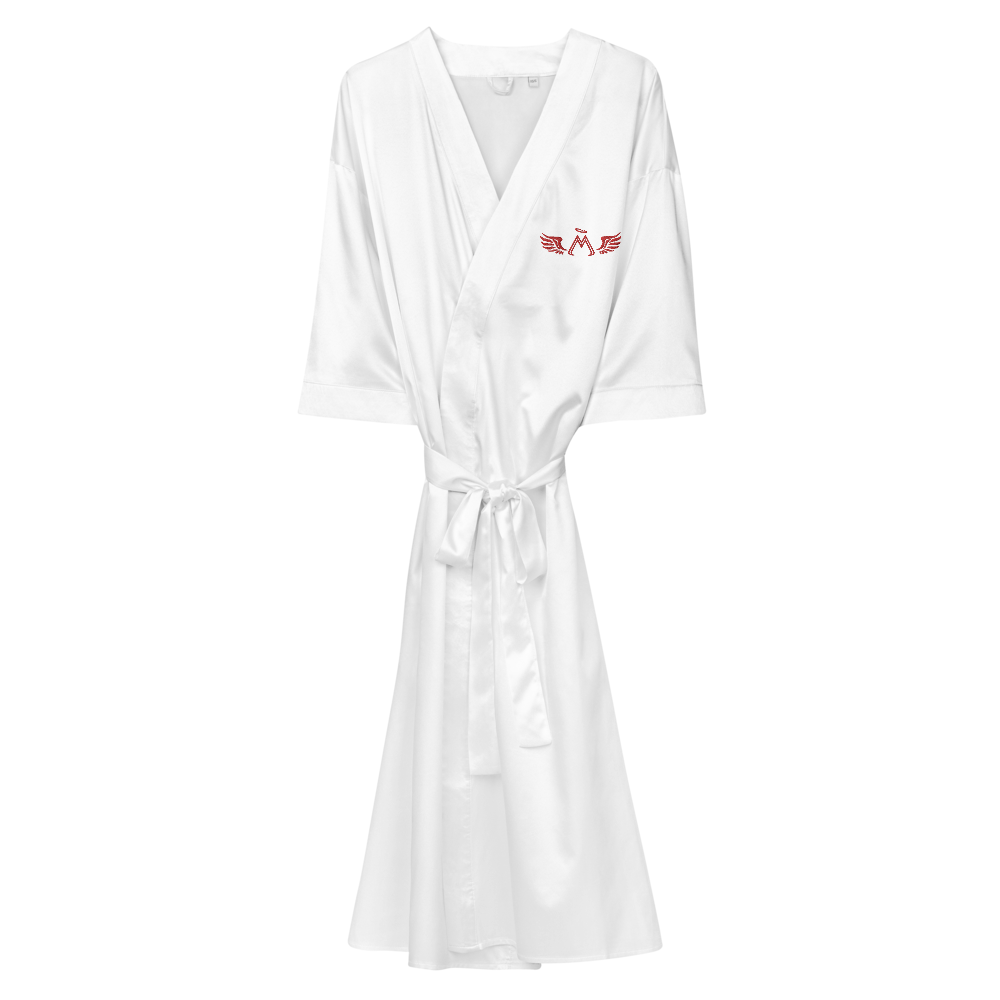 White Satin Robe With Embroidered Red MM Iconic Logo
