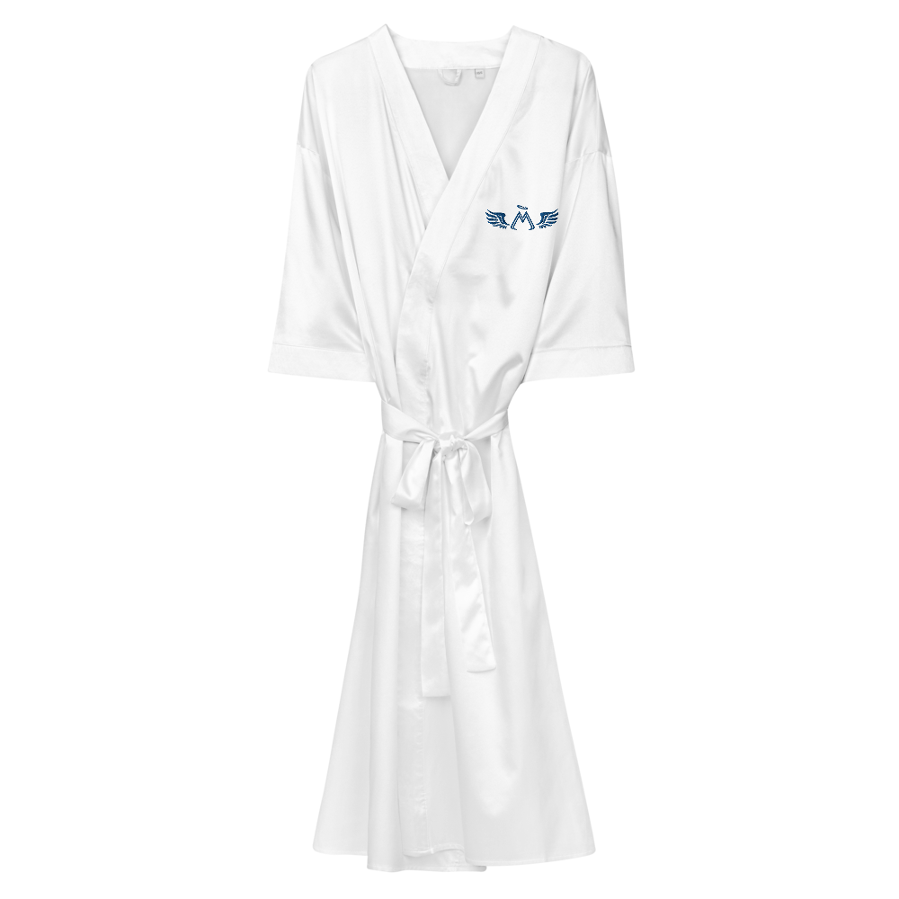 White Satin Robe With Embroidered Blue MM Iconic Logo
