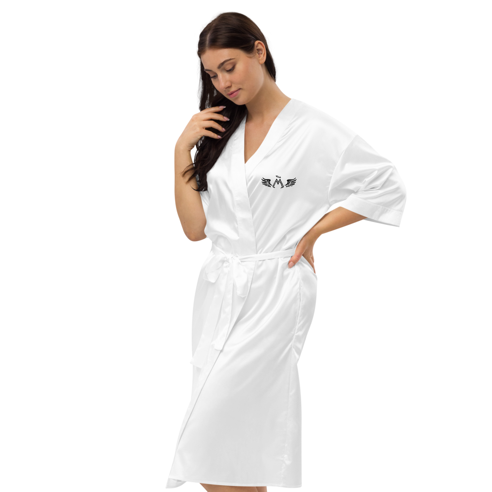White Satin Robe With Embroidered Black MM Iconic Logo