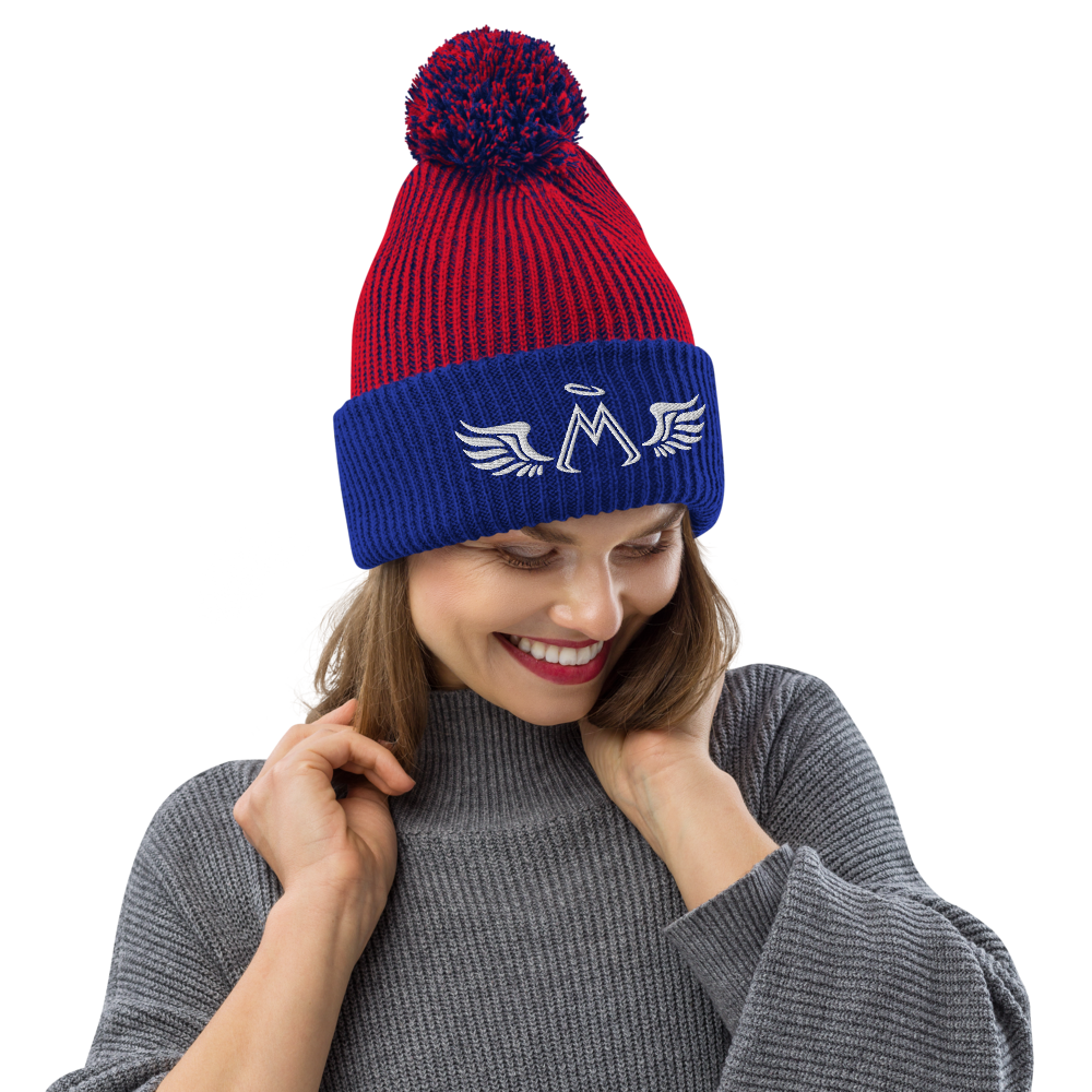 Red-Royal Blue Pom-Pom Beanie With Embroidered White MM Iconic Logo