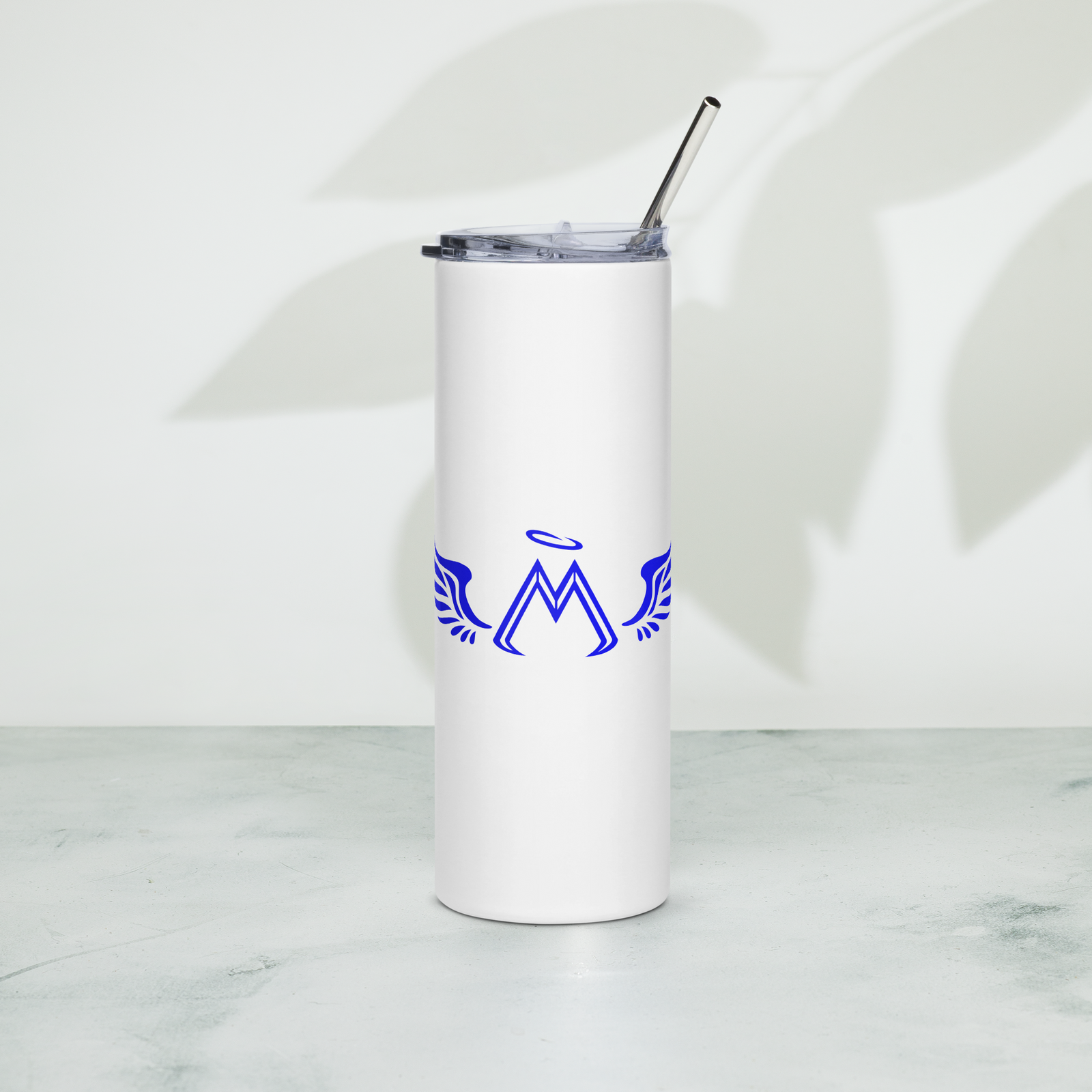 White Stainless Steel Tumbler With Blue MM Iconic Logo