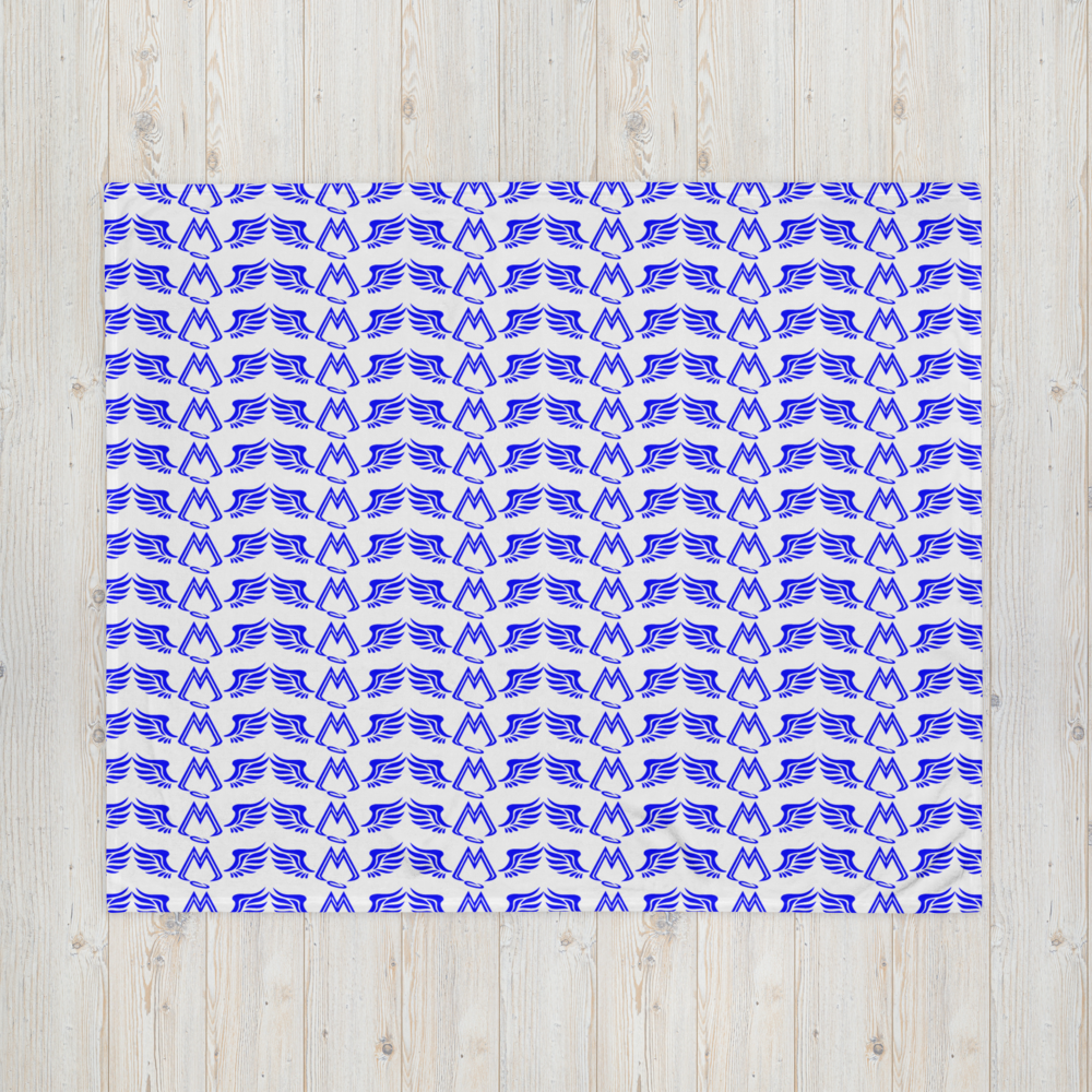 White Throw Blanket With Duplicated Blue MM Iconic Logo