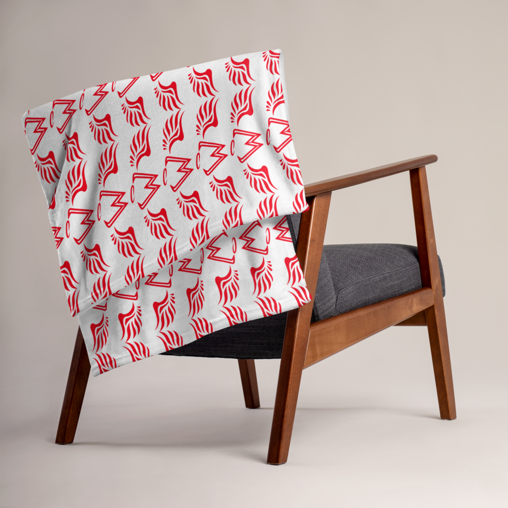 White Throw Blanket With Duplicated Red MM Iconic Logo