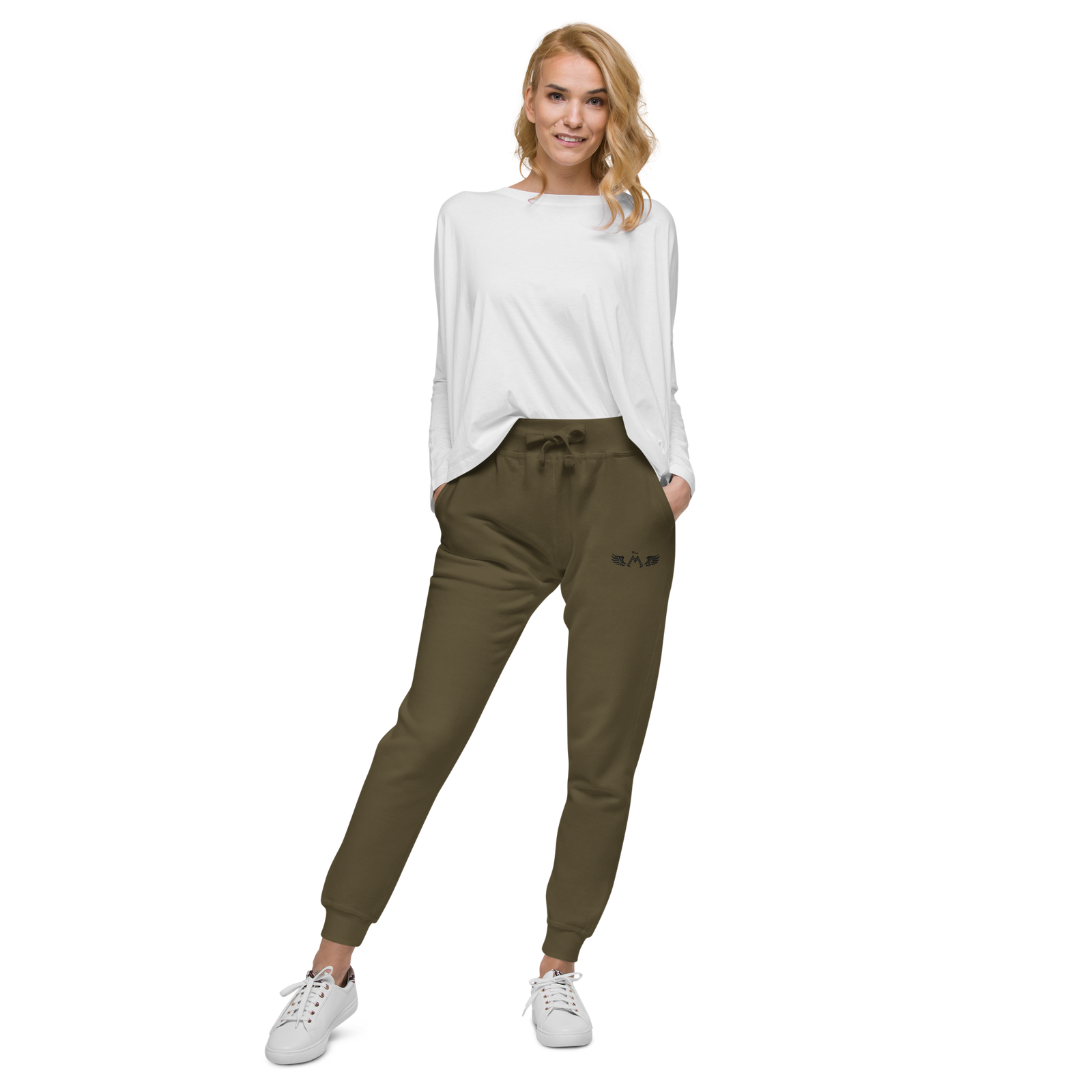 Army Green Fleece Sweatpants With Embroidered Black MM Iconic Logo