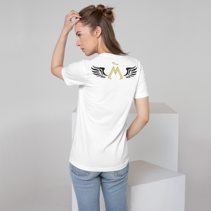 Unisex White Pocket T-Shirt With Gold-Black MM Iconic Logo