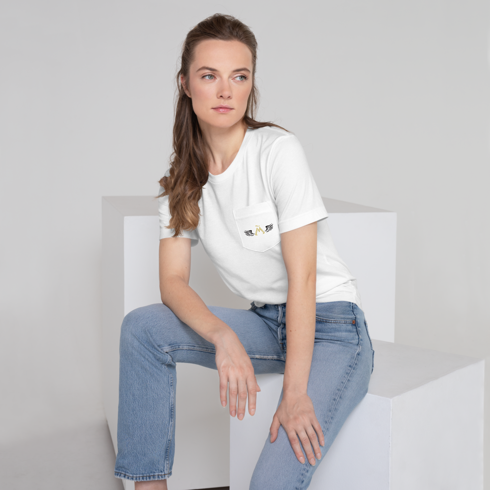 Unisex White Pocket T-Shirt With Gold-Black MM Iconic Logo