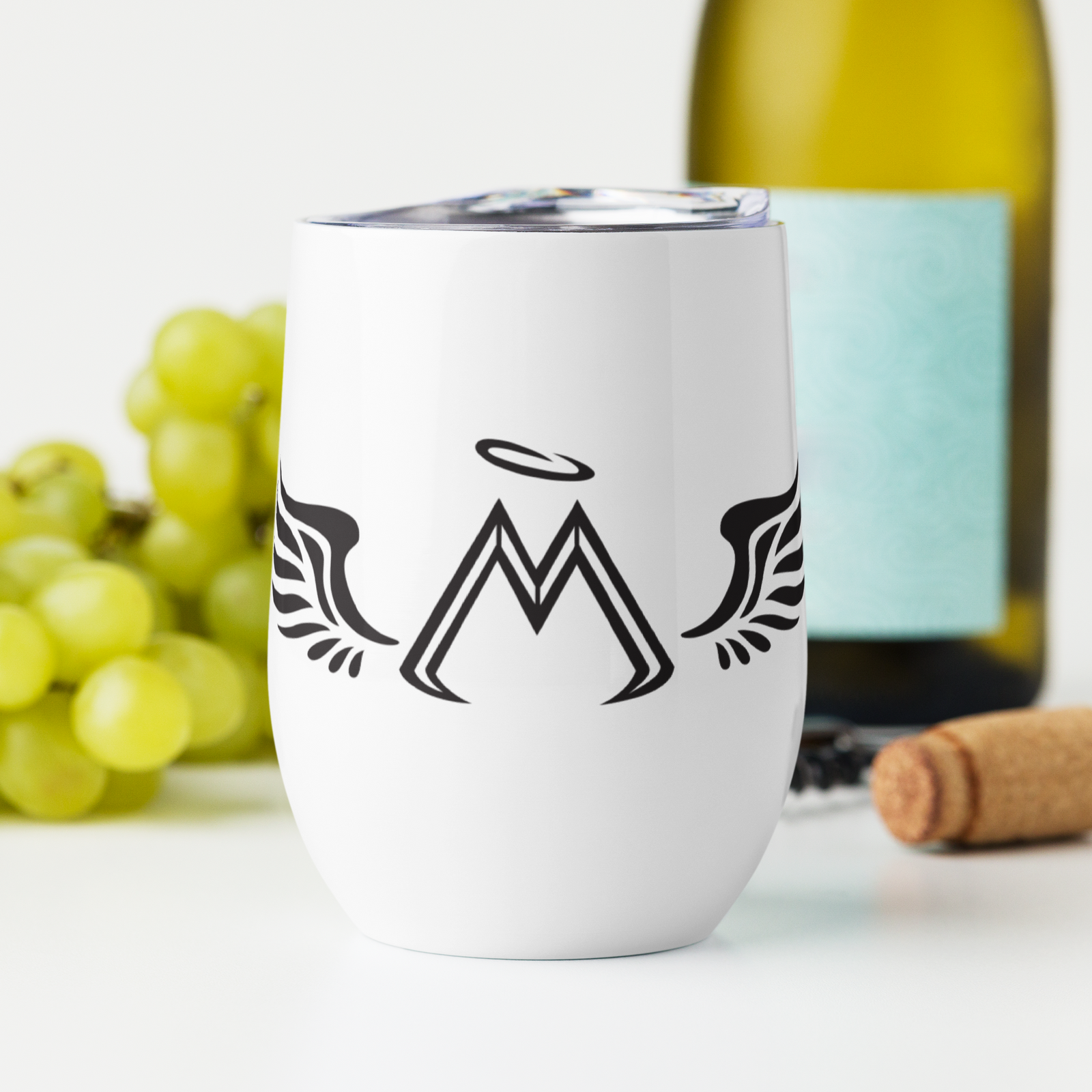 White Stainless Steel Wine Tumbler With Black MM Iconic Logo