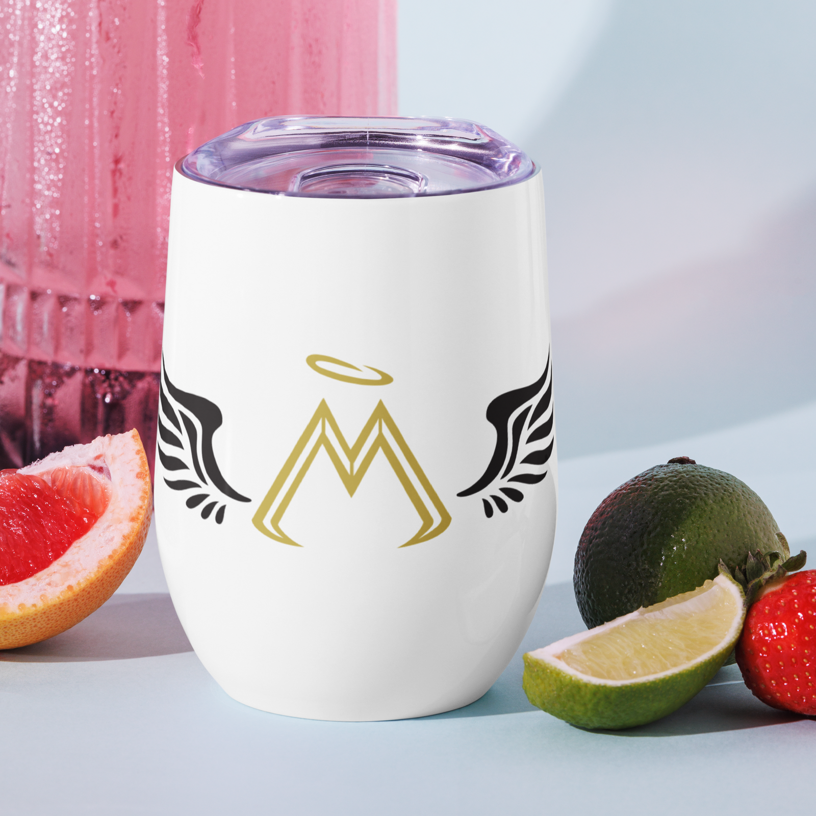White Stainless Steel Wine Tumbler With Gold-Black MM Iconic Logo