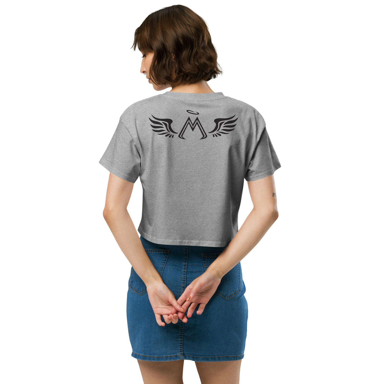 Athletic Heather Crop Top With Embroidered Gold-Black MM Iconic Logo & With Black MM Iconic Logo