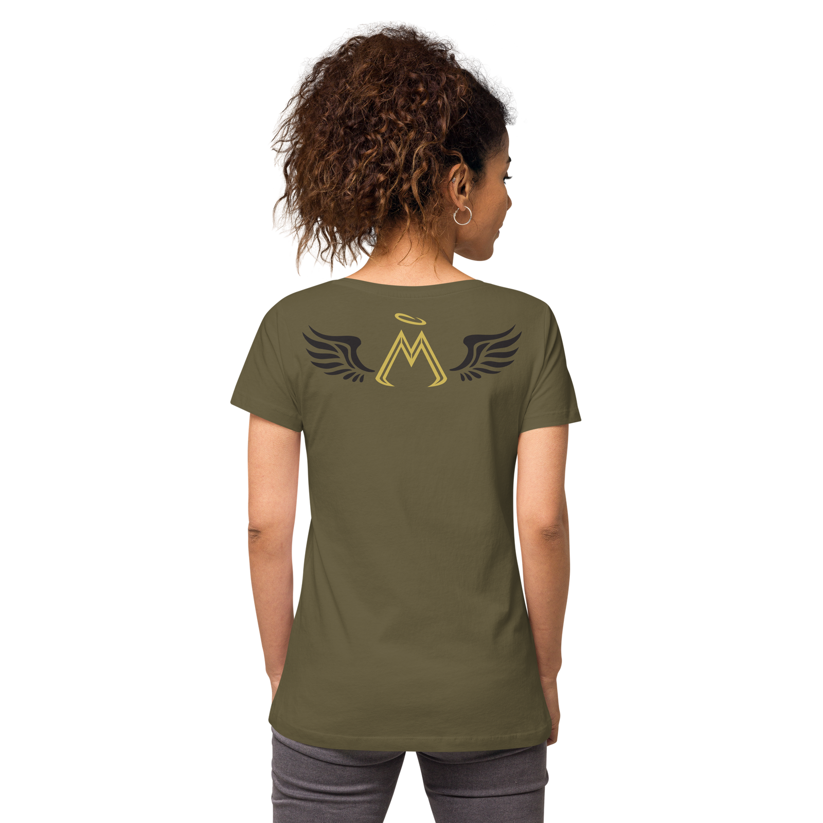 Army Green Fitted V-Neck T-Shirt With Gold-Black MM Iconic Logo