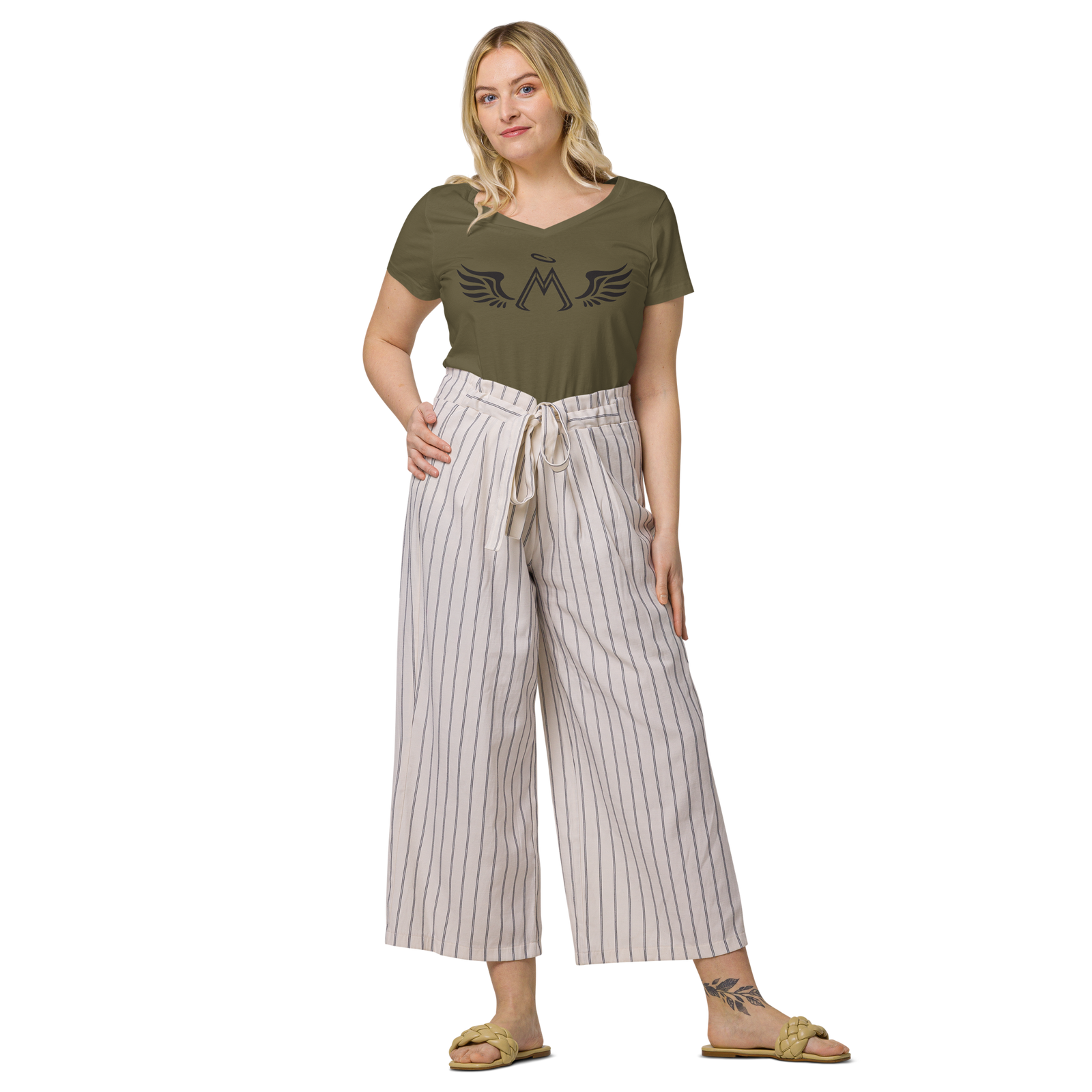 Army Green Fitted V-Neck T-Shirt With Black MM Iconic Logo