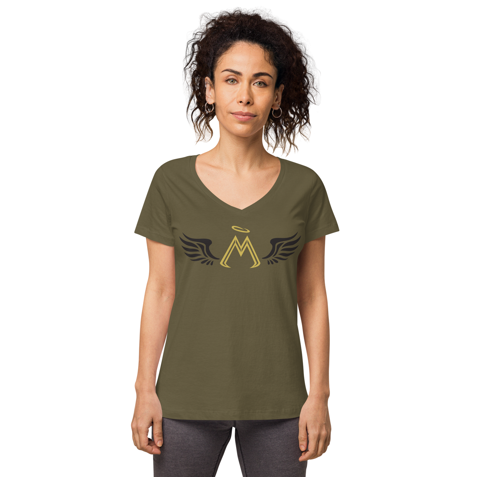 Army Green Fitted V-Neck T-Shirt With Gold-Black MM Iconic Logo