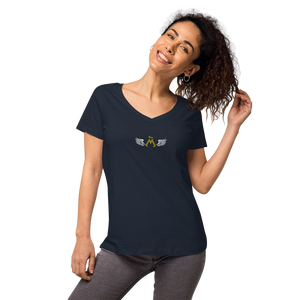 Navy Blue Fitted V-Neck T-Shirt With Embroidered Classic MM Iconic Logo